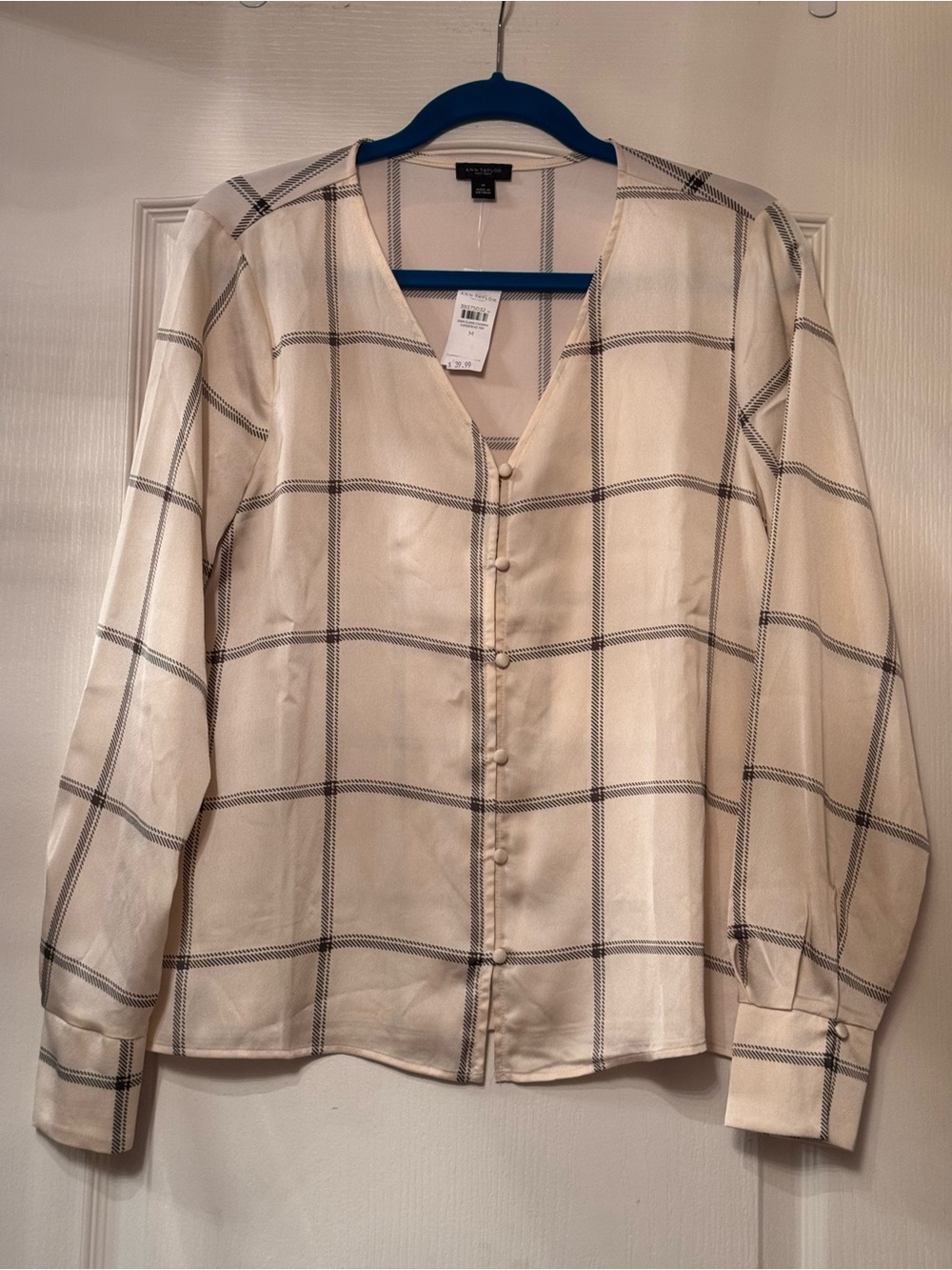 New ! Ann Taylor Cream Button-Front Windowpane Blouse